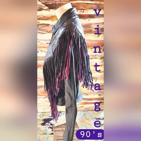 VTG 80s Black Leather Pink Purple Fringe Bike Zip Up Elastic Waist Jacket M - Picture 12 of 16